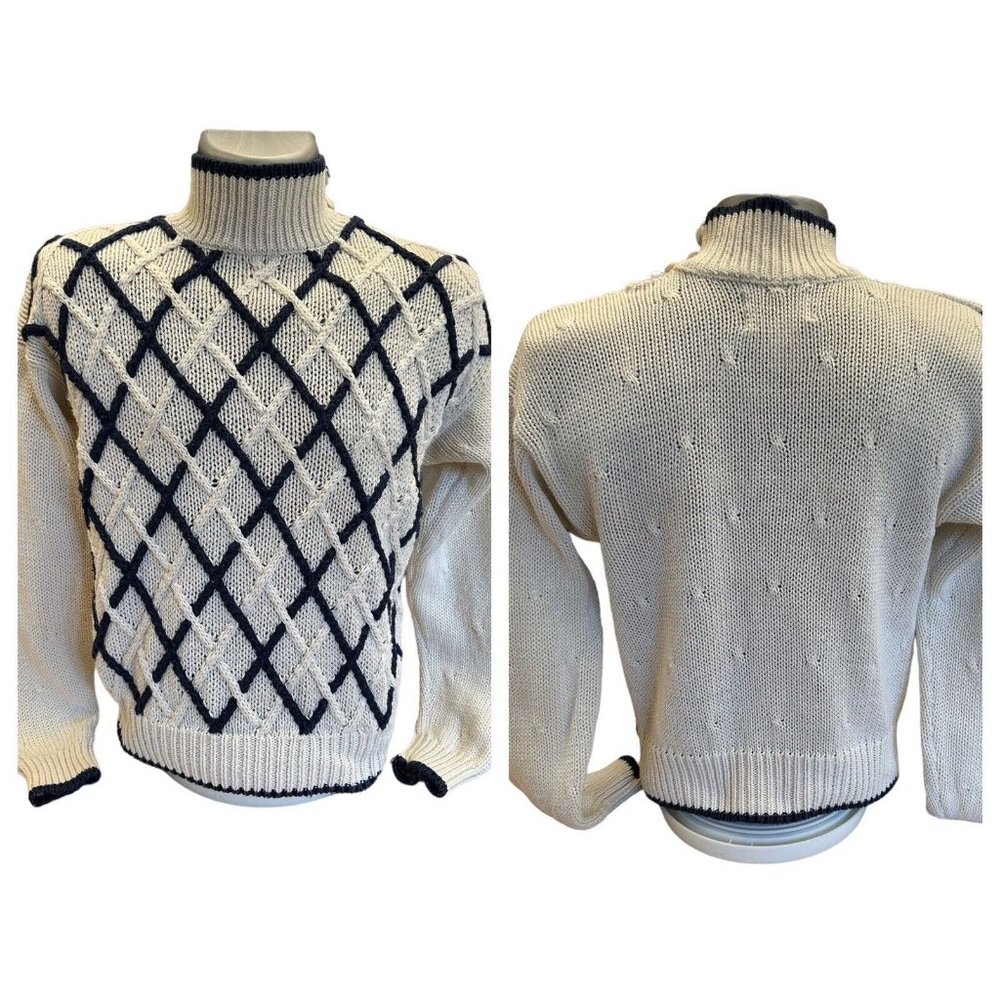 Vintage Ninon De Lenclos Sz M Chunky Knit Turtle Neck Sweater, Cream Navy Argyle